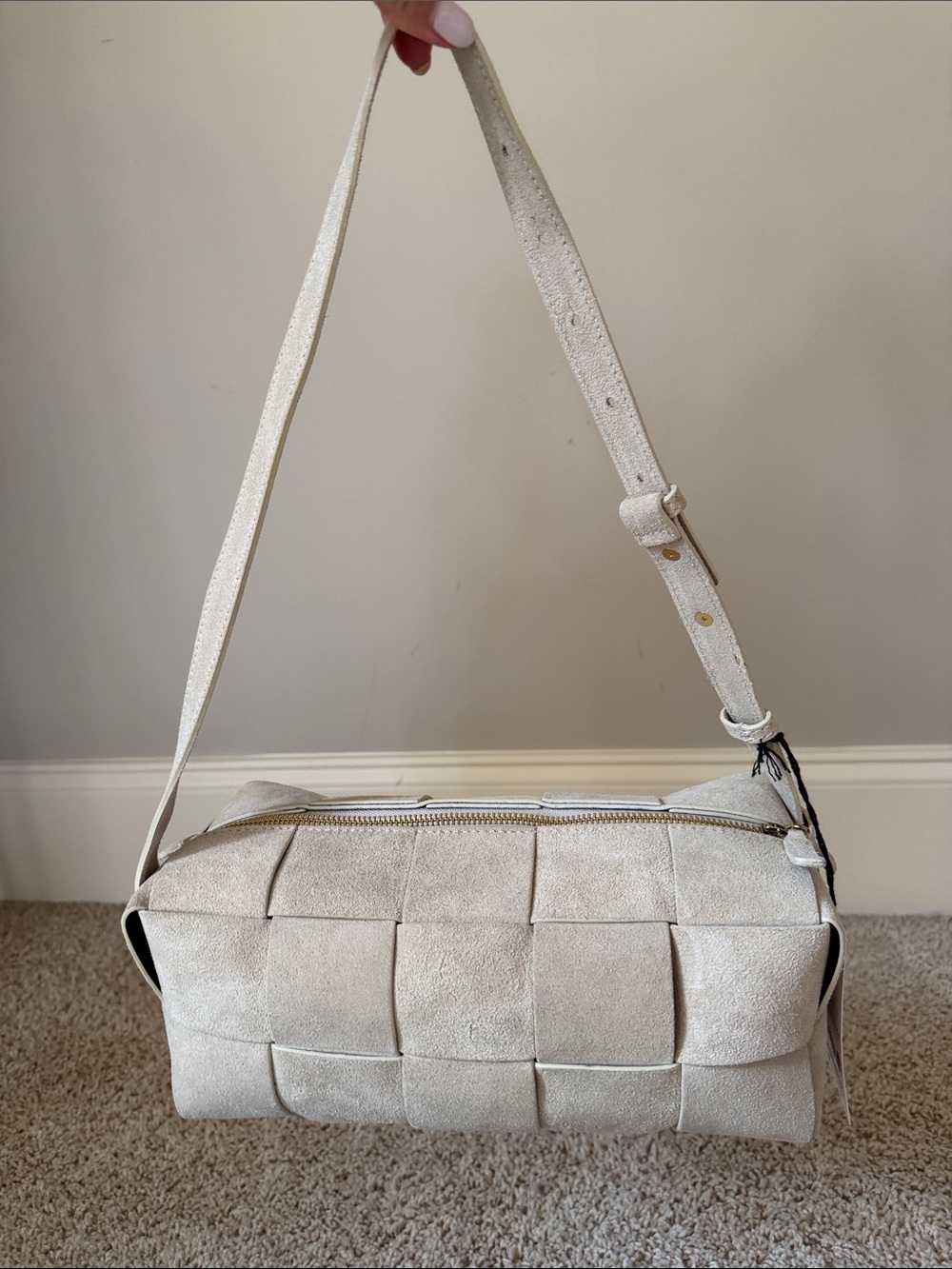 Woven Suede Shoulder Bag in Cream